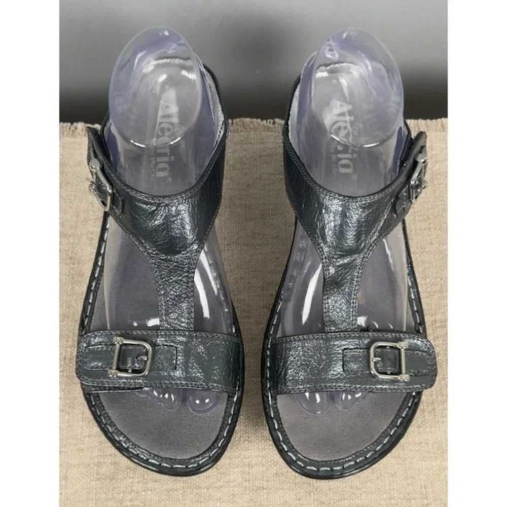 Alegria Lara Grey Metallic Leather Wedge‎ Sandals Buckle Slide LAR-214 Womens 39